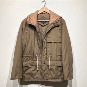Vintage Brown Oversized utility coat with quilted inside & hood